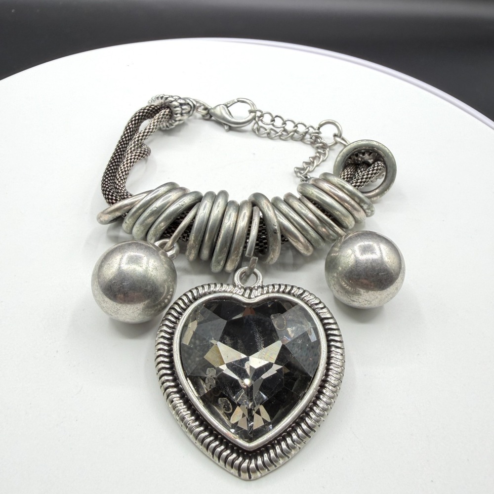 Silver Tone Mesh Bracelet Large Faceted Heart Charm Chunky Gothic Statement Gift